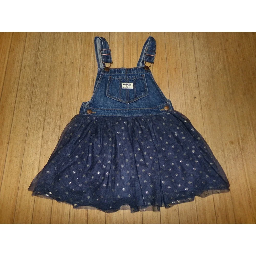 OshKosh Bgosh Girls 5T Denim Tulle Heart Jumper Dress Blue Silver Sparkle